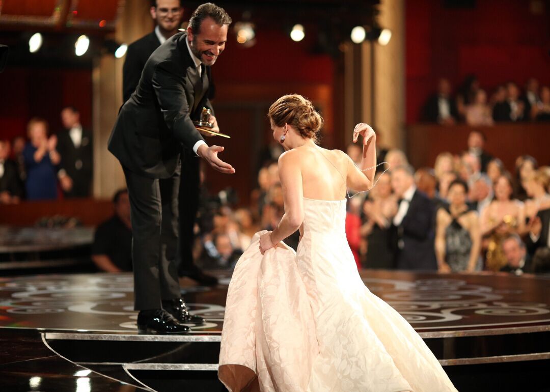 Jennifer Lawrence takes a tumble